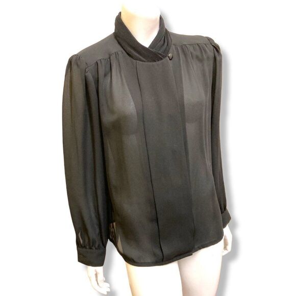 D'Allaird's Vintage Black Chiffon Sheer High Collared Secretary Blouse - Picture 1 of 11